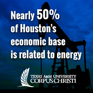 An image stating that almost half of Houston's economic base is tied to energy